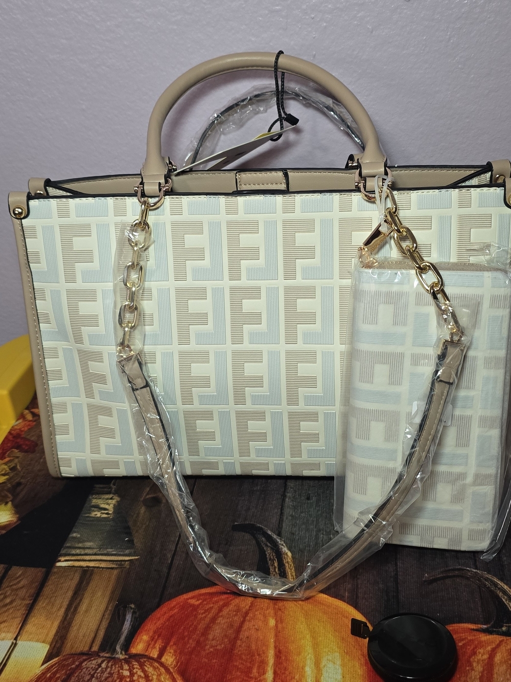 Beige & Cream Logo Tote Bag with Gold Chain